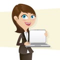 Cartoon smart girl showing laptop blank screen