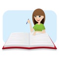 Cartoon smart girl writing big diary