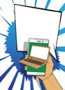 Cartoon Smart Phone and Laptop with blank speech bubble, comic book Computer background. Royalty Free Stock Photo