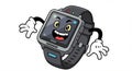 A cartoon smart watch features a cheerful face on its screen, with large, expressive