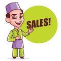 Cartoon smart young Muslim man in songkok introducing and pointing big Sales green signboard