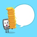 Cartoon smartphone character carrying big money stack with white speech bubble Royalty Free Stock Photo