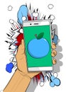Cartoon Smartphone, comic book Telephone with Apple. Retro vector comics pop art design Royalty Free Stock Photo