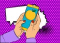 Cartoon Smartphone, comic book Telephone with Apple. Retro vector comics pop art design Royalty Free Stock Photo