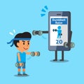 Cartoon smartphone helping a man to do front dumbbell raise exercise Royalty Free Stock Photo