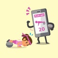 Cartoon smartphone helping a woman to do ball exercise push-ups