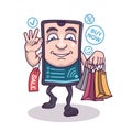 Cartoon smartphone holding bags and shopping online. Electronic commerce benefits
