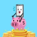 Cartoon smartphone riding pink piggy bank with money background