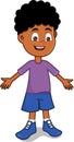 Cartoon smiling african boy. Happy arabic flat child in purple t-shirt and blue shorts from UAE, Qatar or Egypt. Childhood vector