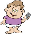 Cartoon smiling baby holding a cell phone.