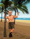 Cartoon smiling bald man in shorts on a sandy beach with palm trees