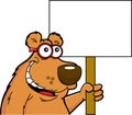 Cartoon smiling bear wearing glasses holding a sign. Royalty Free Stock Photo