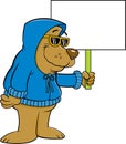 Cartoon smiling bear wearing a hoodie and holding a sign. Royalty Free Stock Photo