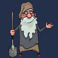 Cartoon smiling bearded gnome grandfather looking up with a shovel in his hands