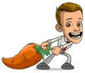 Cartoon smiling boy character dragging big carrot Royalty Free Stock Photo