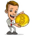 Cartoon smiling boy character with golden bitcoin