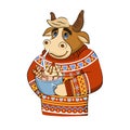 Cartoon smiling bull or ox wearing a bright scandinavian sweater holding cup of cocoa or cappuccino. Vector illustration of funny