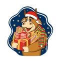 Cartoon smiling bull or ox wearing a santa hat and scarf with a gifts on star background. Vector illustration of funny animal.