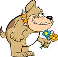 Cartoon smiling bulldog holding flowers.