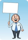 Cartoon smiling businessman with blank placard
