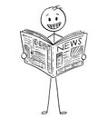 Cartoon of Smiling Businessman Reading Good News in Newspaper