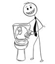Cartoon of Smiling Businessman Trowing Money in to Toilet, Bad Investment Concept
