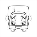 A Cartoon Smiling Car With An Antenna. Cartoon Little Truck. Contour Vector Illustration For Children`s Coloring Book. Funny