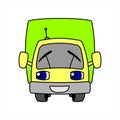 A Cartoon Smiling Car With An Antenna. Cartoon Little Truck. Contour Vector Illustration On White Background. Funny Character For