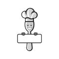 Cartoon smiling chef spoon holding in hands blank banner with chef hat. Children restaurant menu emblem mockup for your company