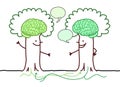 Cartoon smiling and Communicating Tree-Men with big Green brains