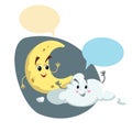 Cartoon smiling crescent and pretty cloud mascots. Weather and bedroom symbol. Moon speaking character. Dummy speech bubbles.