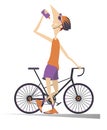 Smiling cyclist with a bike drinks water isolated illustration.