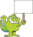 Cartoon smiling dinosaur waving while holding a large sign.