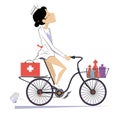 Cartoon smiling doctor woman rides a bike illustration