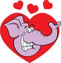 Cartoon smiling elephant head with hearts in the background.