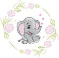 Cartoon smiling elephant with hearts in a floral frame