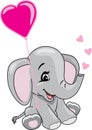 Cartoon smiling elephant holding a heart shaped balloon