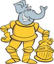 Cartoon smiling elephant wearing a suit of armor.