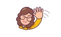 Cartoon smiling European businesswoman with glasses and yellow jacket waving her hand saying hello. Girl business