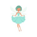 Cartoon smiling fairy girl in blue dress. Fairytale character with magic wings and necklace. Beautiful imaginary