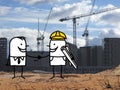 Cartoon smiling foreman and businessman,handshaking on a construction site photo Royalty Free Stock Photo