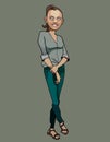 Cartoon smiling girl shyly standing cross legged