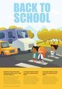 Cartoon smiling girls crossing road along crosswalk in front of stopped bus and car. Traffic safety education for