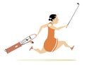 Smiling golfer woman runs to play golf illustration