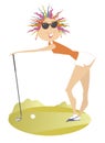 Funny golfer woman on the golf course illustration Royalty Free Stock Photo