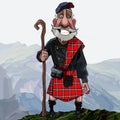 Cartoon smiling gray haired Scottish highlander in a kilt with a staff in his hand stands high in the mountains