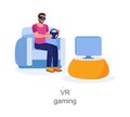 Cartoon smiling guy drives car with virtual reality goggles vector