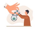 Cartoon smiling guy reaches for medical marijuana pills vector