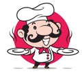 Cartoon smiling Italian chef with big moustache holding 2 empty plates with smoke steam for food product