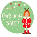 Cartoon smiling kid girl character wearing winter clothes. Christmas Sale banner Royalty Free Stock Photo